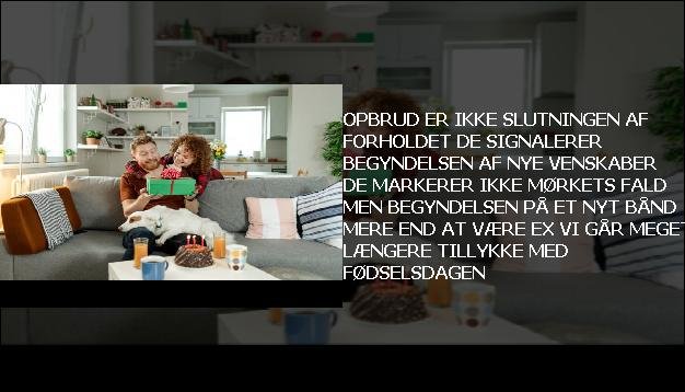 Opbrud er ikke <br> Slutningen af forholdet  <br> De signalerer begyndelsen  <br> Af nye venskaber  <br> De markerer ikke mørkets fald  <br> Men begyndelsen på et nyt bånd  <br> Mere end at være ex  <br> Vi går meget længere  <br> Tillykke med fødselsdagen”/></figure>
    <script async src=