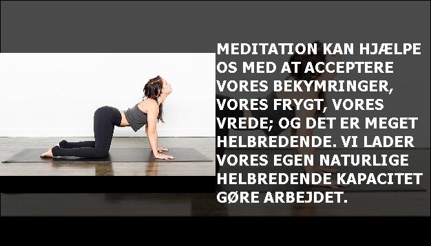 Meditation kan hjælpe os med at acceptere vores bekymringer, vores frygt, vores vrede; og det er meget helbredende. Vi lader vores egen naturlige helbredende kapacitet gøre arbejdet.