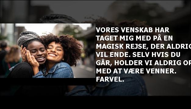 Vores venskab har taget mig med på en magisk rejse, der aldrig vil ende. Selv hvis du går, holder vi aldrig op med at være venner. Farvel.